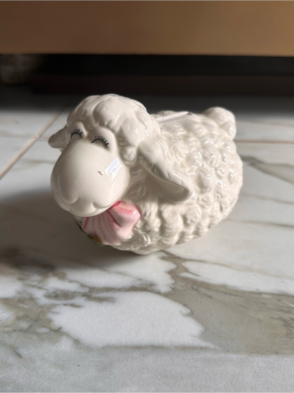 Ceramic Lamb Figurine with Pink Bow